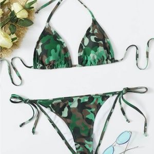 Camo Pattern Triangle Tie Side Bikini Swimsuit
